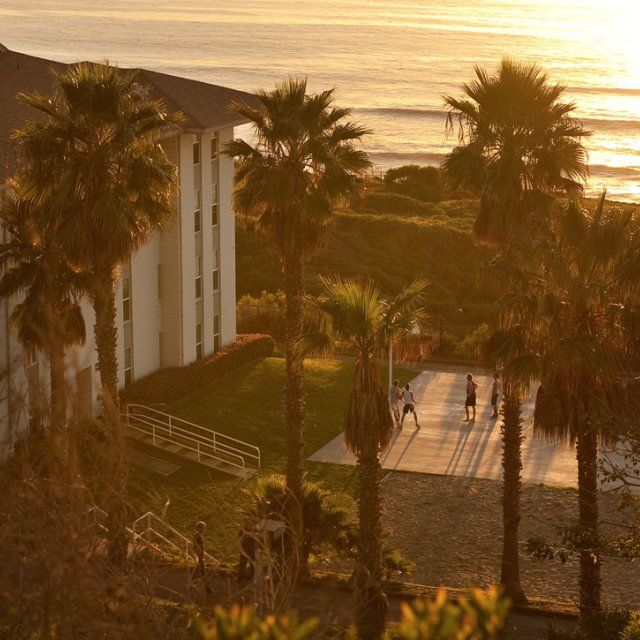 Young Hall, one of PLNU's residential halls, at sunset.