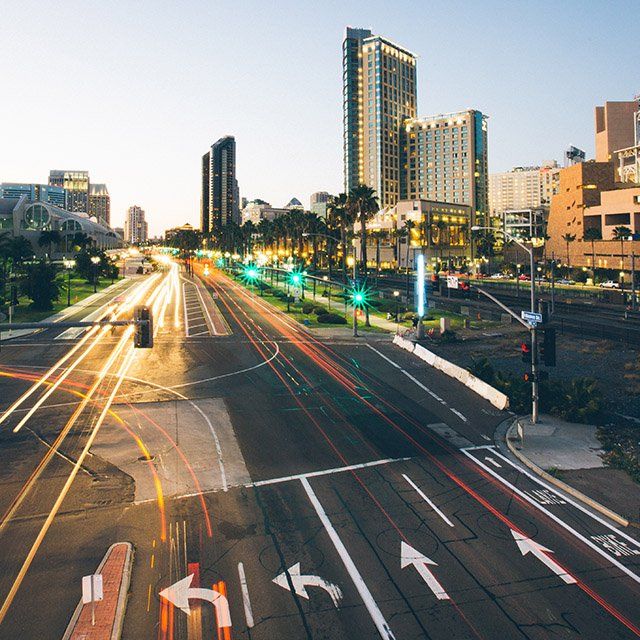 A downtown long exposure shot of San Diego at sunset
