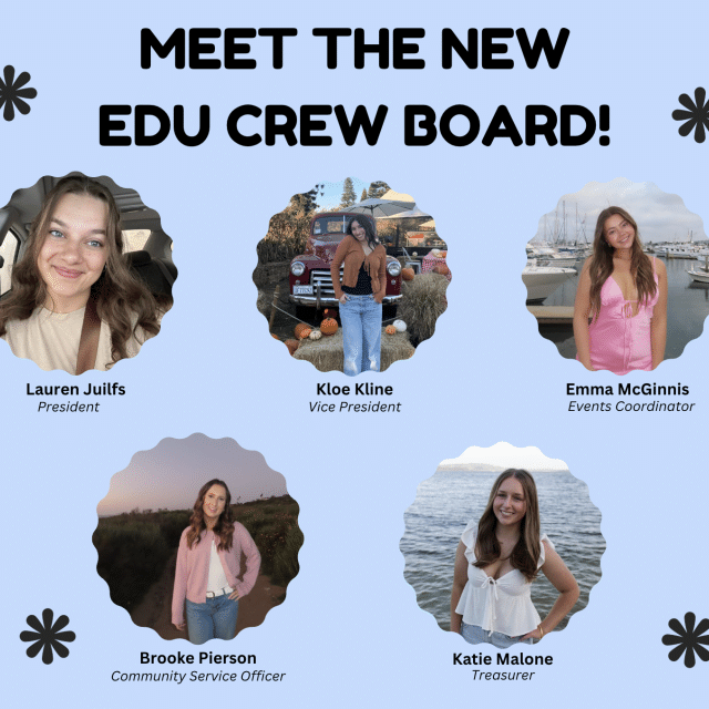  Meet the new EDU Crew Board: Lauren Juilfs, President; Kloe Kline, Vice President; Emma McGinnis, Events Coordinator; Brooke Pierson, Community Service Officer; and Katie Malone, Treasurer. Five student portraits are displayed on a light blue background with black floral accents.