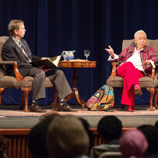 Dean Nelson interviews an author at the Writer's Symposium by the Sea