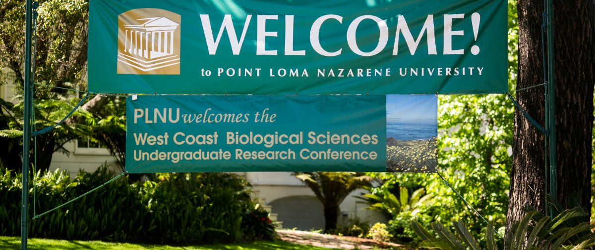 Welcome banner for the West Coast Biological Sciences Undergraduate Research Conference at Point Loma Nazarene University.