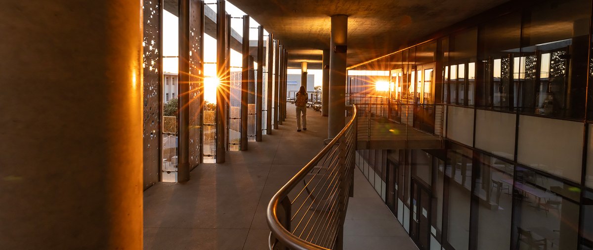 Image of Sator Hall balcony at sunset.