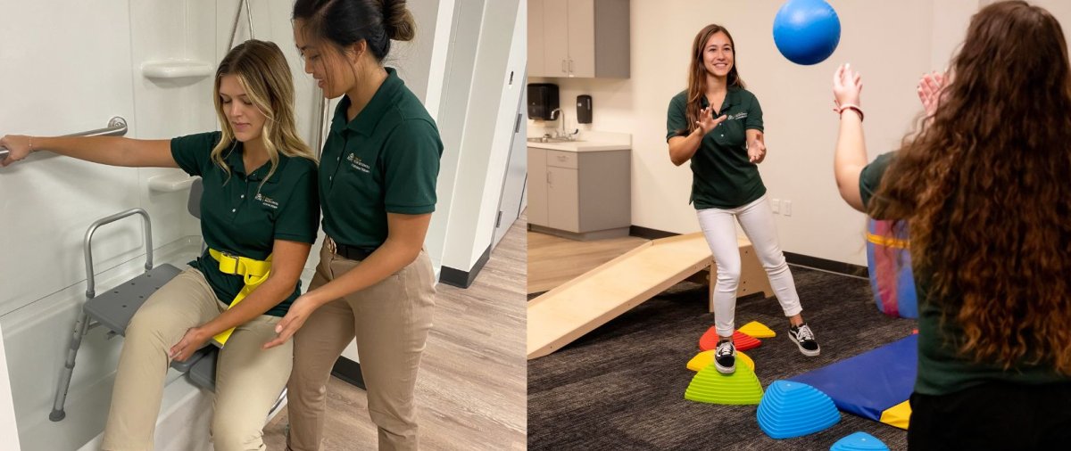 Two photos shot OT students in lab, the left helping someone out of a tub and the right someone balancing and catching a ball.