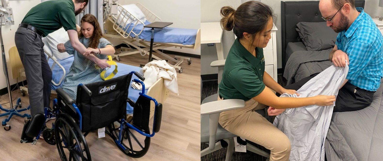 Left: Man helps a person from bed into a wheelchair. Right: OT student helps a man put on his jacket.
