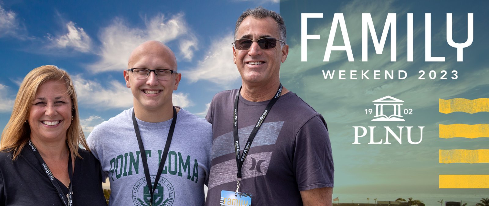 Family weekend banner with student and parents