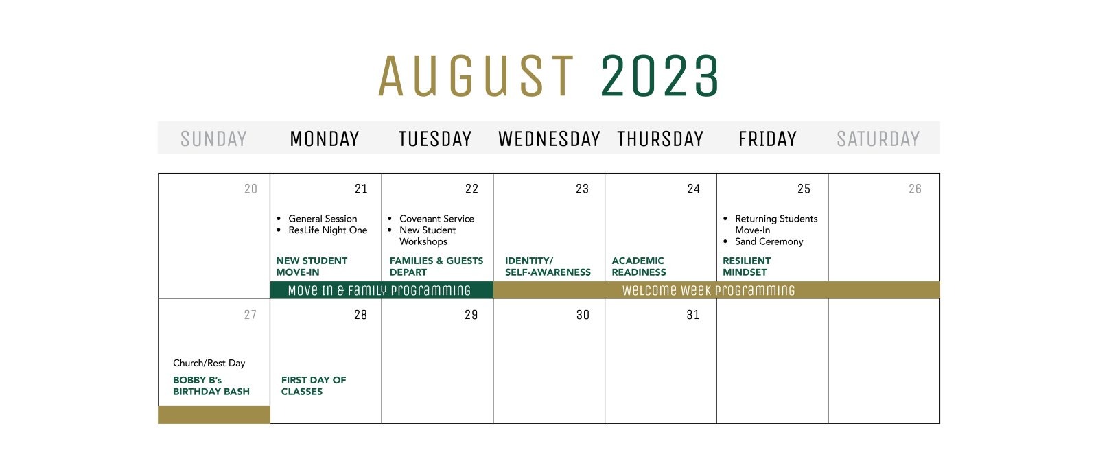 Welcome Week Calendar