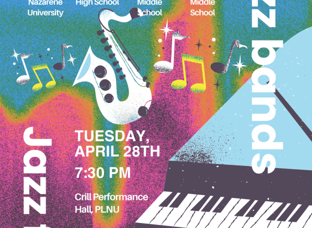 poster with text "4-not-1 jazz bands" and psychedelic colors and illustrations