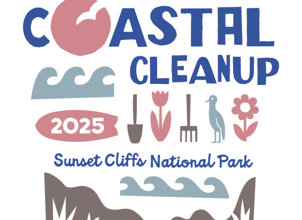 Poster graphic for PLNU's 3rd Annual Coastal Clean Up. Poster includes an array of beach visuals such as seagulls, waves, gardening tools and cliffs presenting event information. Information includes date and times.
