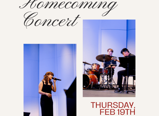 poster with text "Point Loma Nazarene University Jazz Band Homecoming Concert" on "Thursday Feburary 19th at 7:30pm". Photo of a female jazz singer and jazz combo