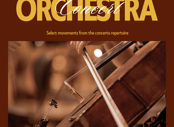 poster with text "chamber orchestra concerto concert" with a picture of cello in the middle