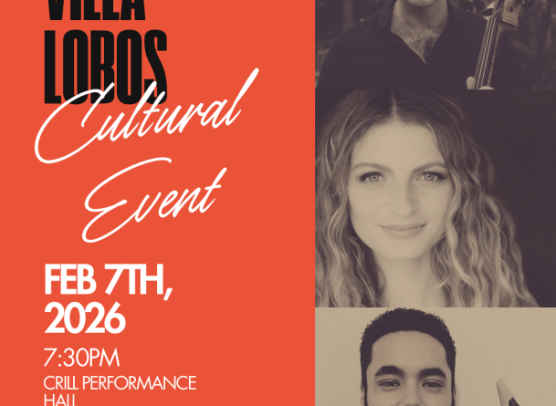 poster with three musicians faces and text "villa-lobos cultural event feburary 7th 7:30pm"