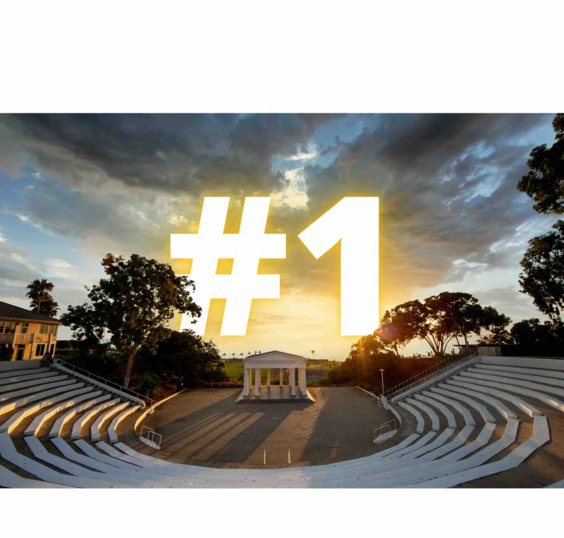 Number one displayed over a sunset view of the Greek Amphitheatre at Point Loma Nazarene University.