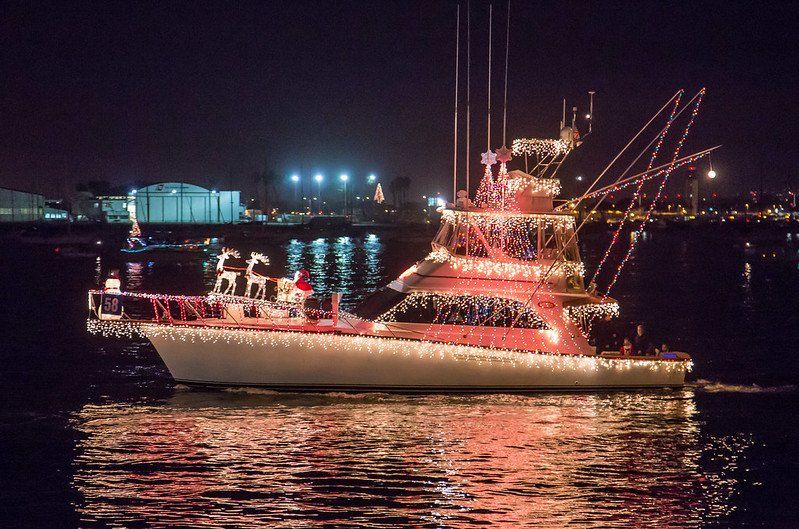 A boat filled with Chistmas lights