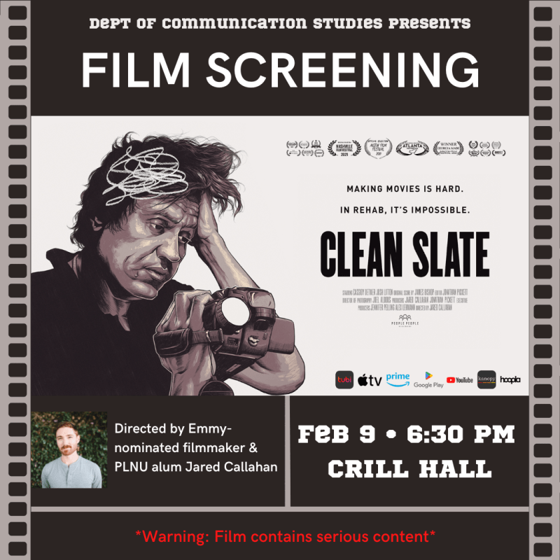 Graphic to advertise for "Clean Slate" film screening on 2/9/23