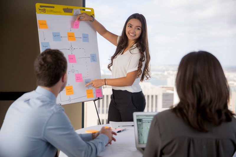 A woman leads a brainstorming session with her coworkers