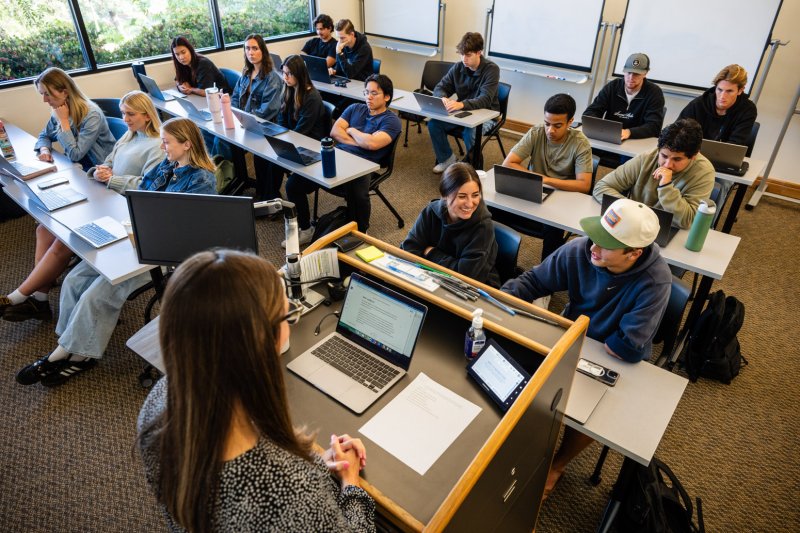 Students working on a project with the direction of a Professor. Laptops are open and students are collaborating with each other. 