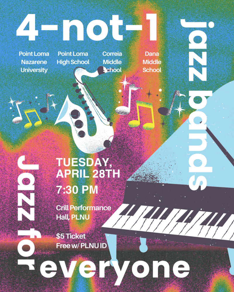poster with text "4-not-1 jazz bands" and psychedelic colors and illustrations