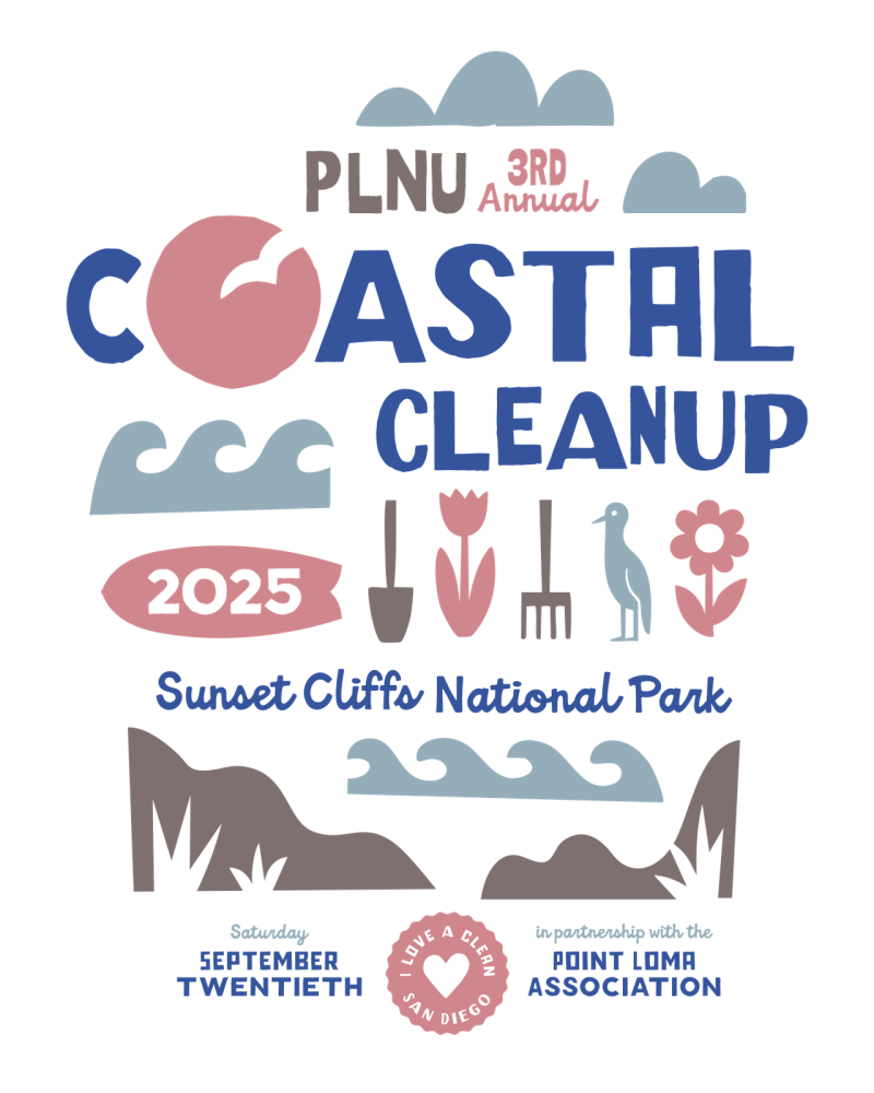 Poster graphic for PLNU's 3rd Annual Coastal Clean Up. Poster includes an array of beach visuals such as seagulls, waves, gardening tools and cliffs presenting event information. Information includes date and times.