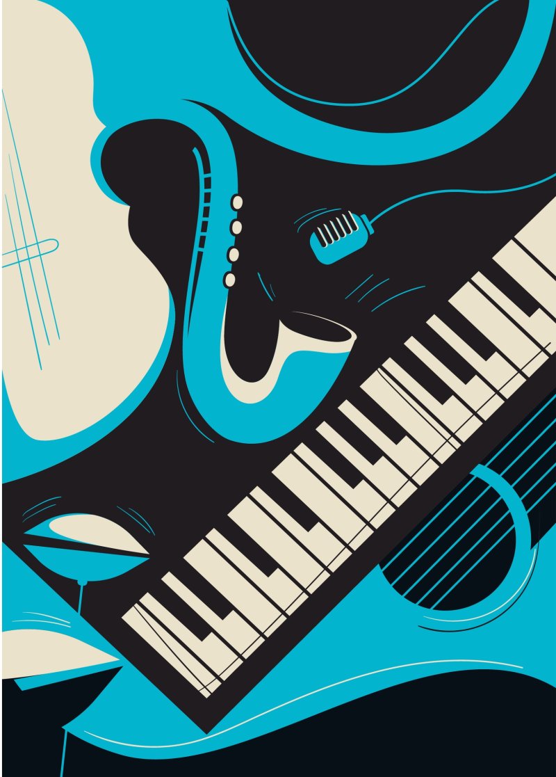 Visual graphic of jazz instruments depicted in three colors: Light blue, off white, and black.