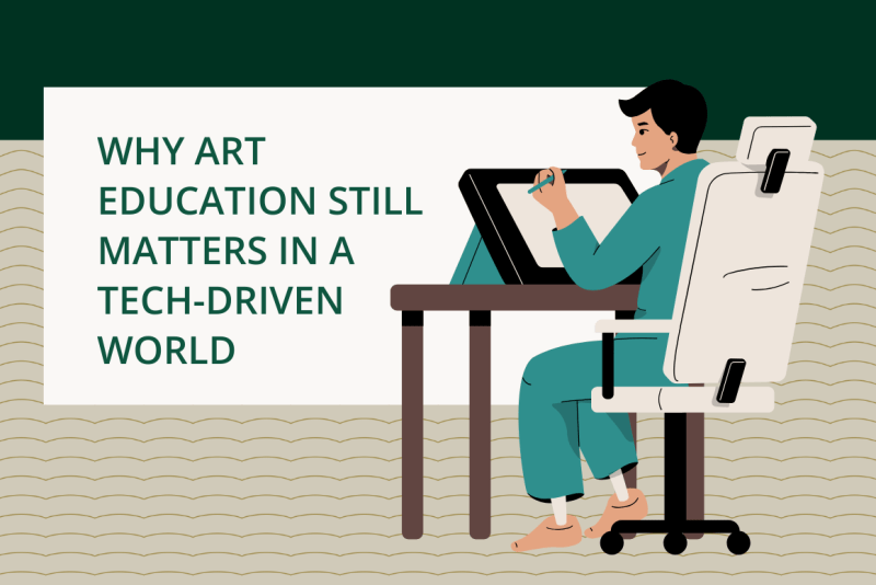 Why art education still matters in a tech driven world; man at desk practicing art image