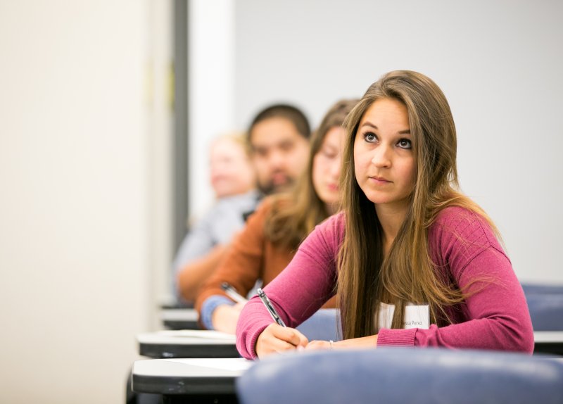 A female graduate student writes down notes during a class lecture.