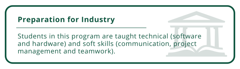 Enhanced graphic of copy in the color green. Text reads: "Students in this program are taught technical (software and hardware) and soft skills (communication, project management and teamwork)."