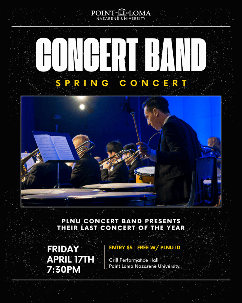 poster with text "Concert Band Spring Concert" and photo of student playing percussion