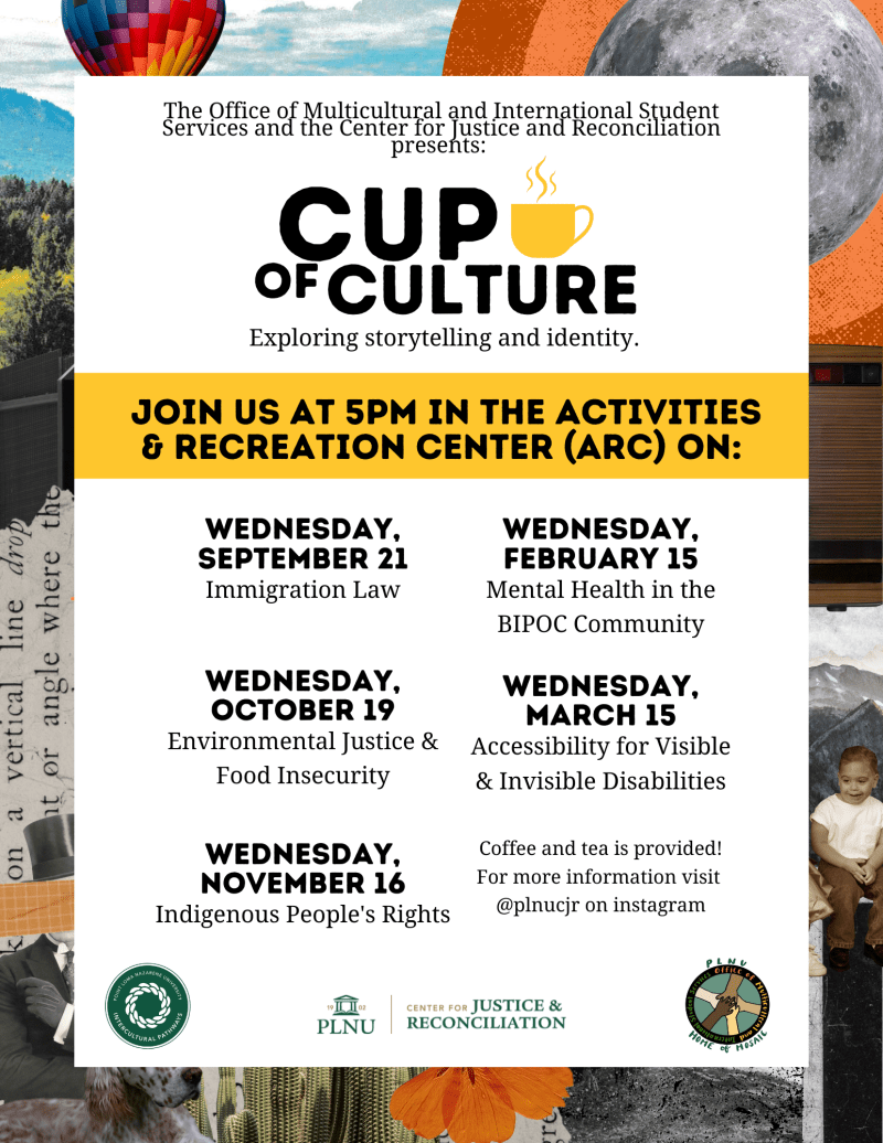 This is a poster of the dates for our Cup of Culture series. September 21, October 19, November 16, February 15, March 15 at 5pm. 