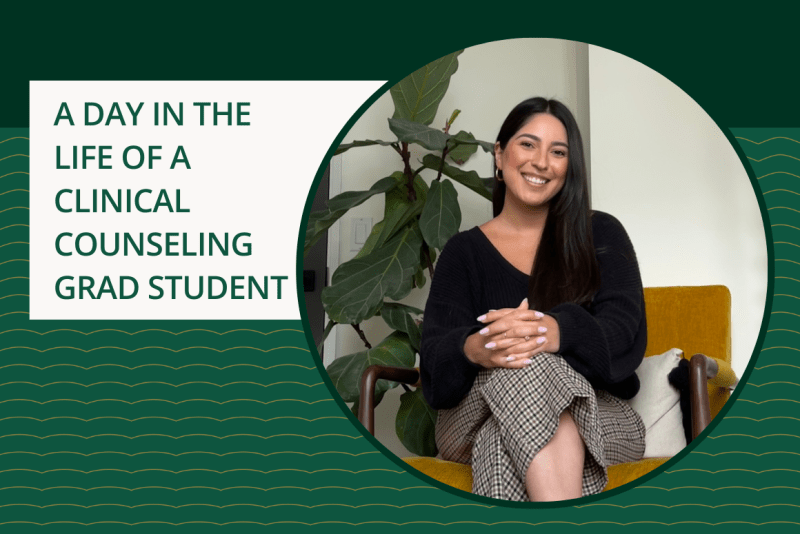A day in the life of a clinical counseling grad student. Circle photo of a student posing for the camera. she is smiling with her legs crossed and arms folded over her knees. There is a fiddle leaf plant behind her. The circle photo is overlaid on a green background. 