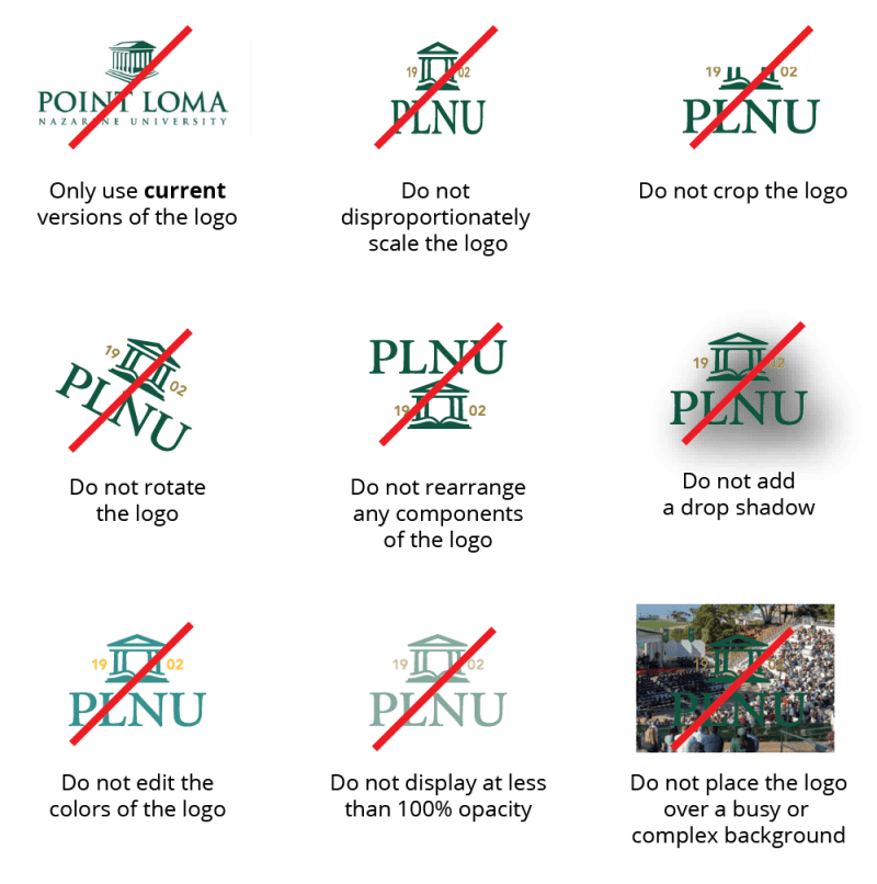 Examples of incorrect use of the PLNU logo