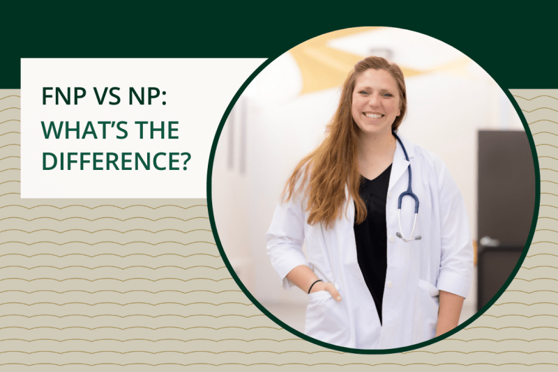 FNP vs NP: What's the Difference?  A nurse smiling at the camera wearing a white coat. She has a stethoscope around her shoulders. 