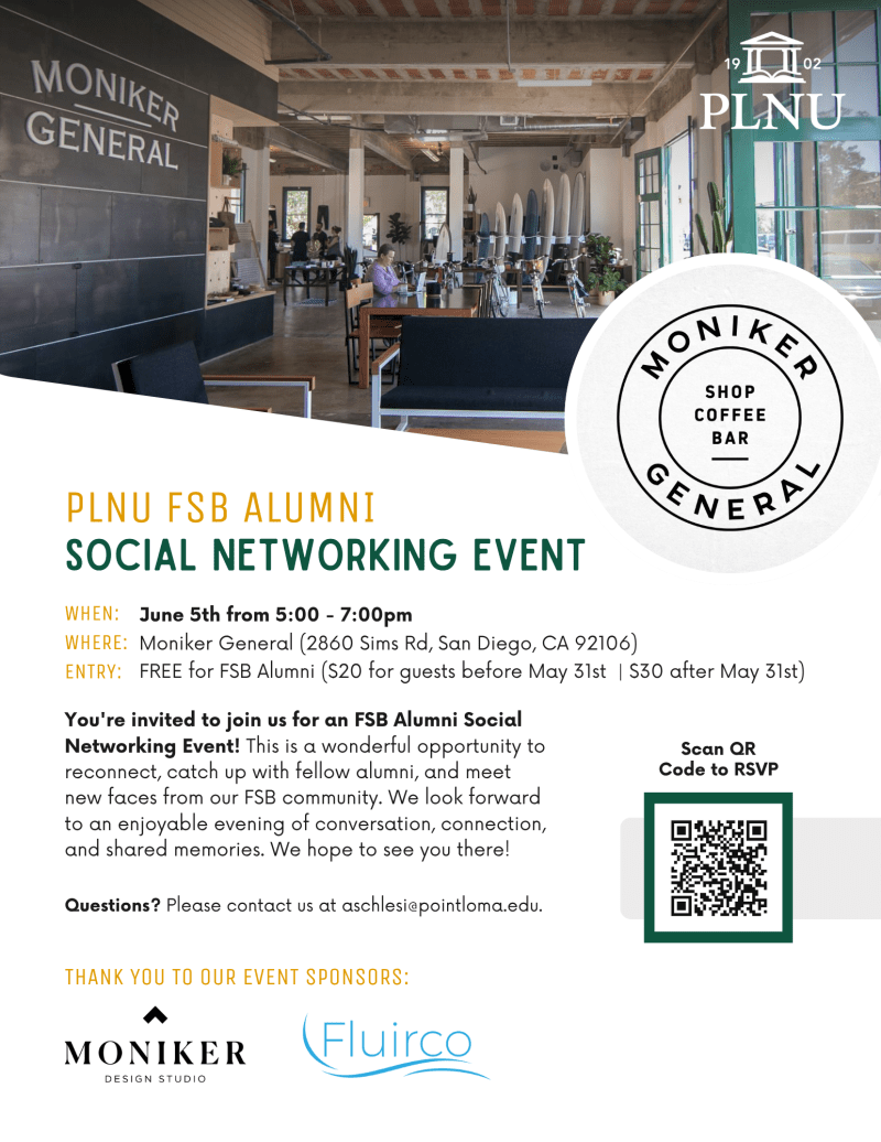 PLNU FSB Alumni Social Networking Event flyer