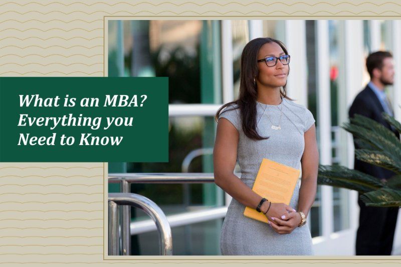 image of a student holding a folder and looking into the distance. Text on the image that says "what is an MBA? Everything you Need to Know"