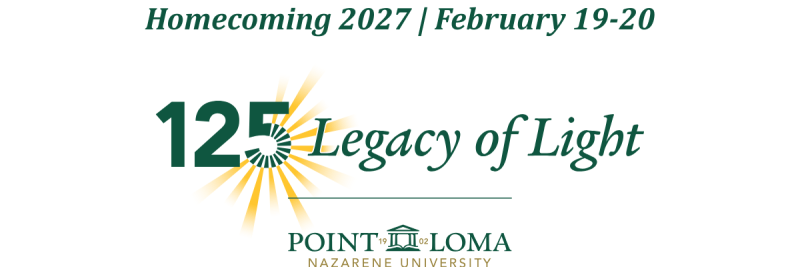 Point Loma Nazarene University Homecoming 2027 logo featuring the theme "Legacy of Light" and event dates February 19–20.