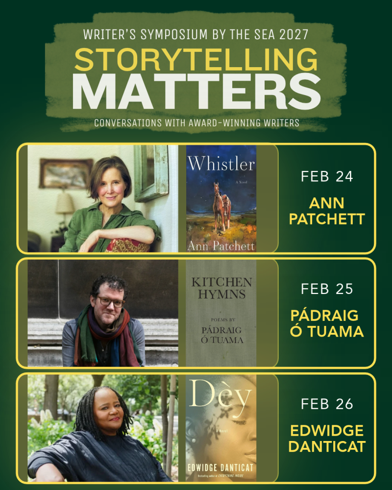 Writer's Symposium 2027 image with Ann Patchett, Padraig O Tuama, and Edwidge Danticat