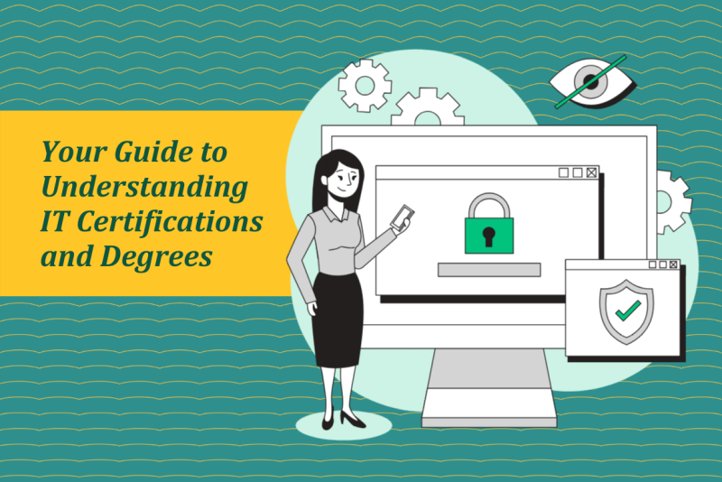 Graphic of a woman standing next to a computer with the tagline: "Your Guide to Understanding IT Certifications and Degrees"