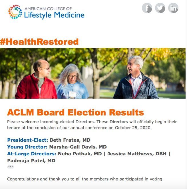 American College of Lifestyle Medicine graphic listing new board of directors, including PLNU's Integrative Wellness Program Director, Dr. Jessica Matthews