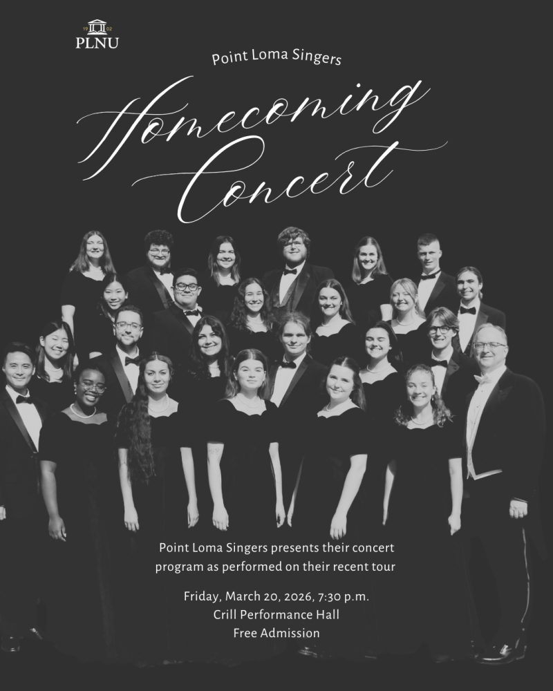 poster with singers in black dresses and tuxedos, "Point Loma Singers Homecoming Concert"