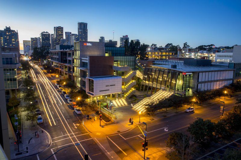 aerial shot of San Diego City College during the evening 