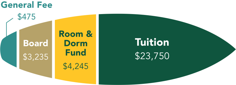 Traditional Undergrad Cost. General Fee $475. Board $3,235. Room & Dorm Fund $4,225. Tuition $23,750.