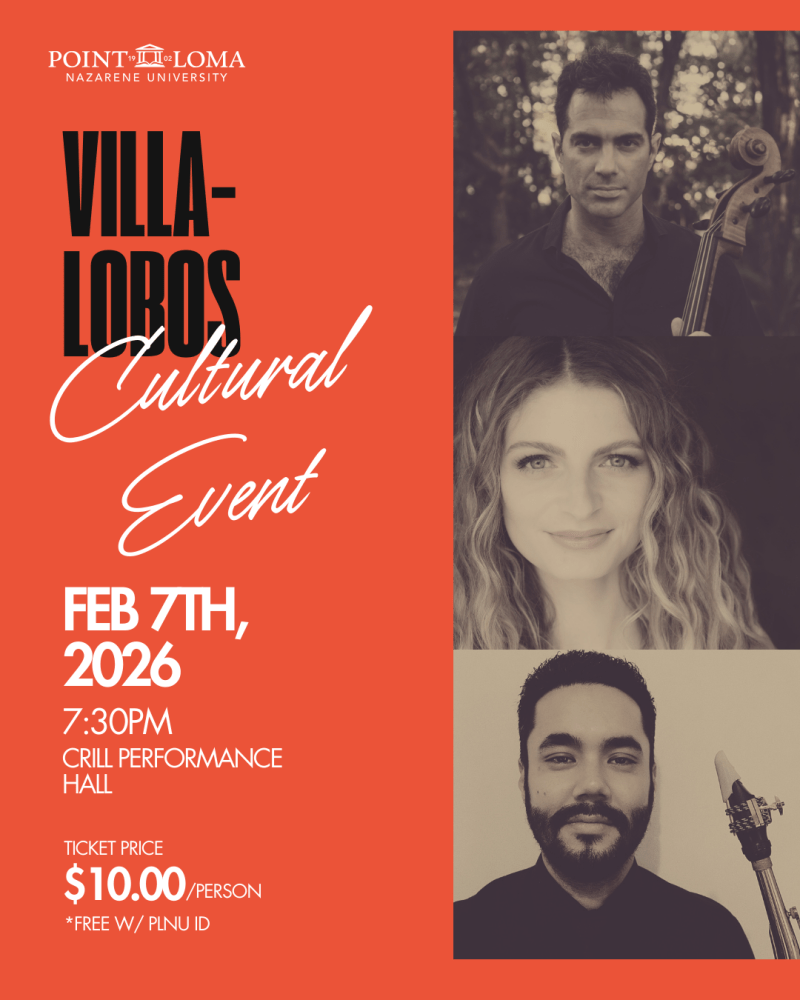 poster with three musicians faces and text "villa-lobos cultural event feburary 7th 7:30pm"
