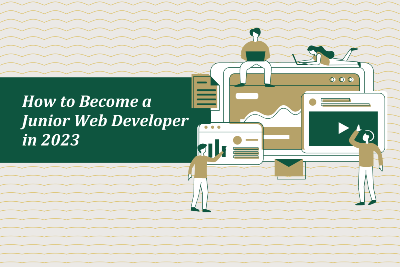 How to Become a Junior Web Developer in 2023. Graphic design image of a computer screen with windows open. There is a person sitting on his laptop on top of the computer screen. there is a girl on her laptop laying on the computer screen. two people below are looking at the open windows. 