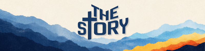 Banner for Chapel theme of "The Story" with the T set as a cross