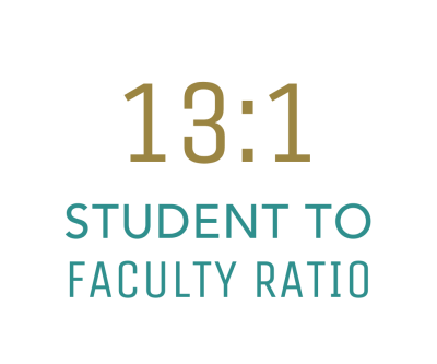 Statistic image graphic in PLNU's green and gold colors reading: 13:1 Student to Faculty Ratio.