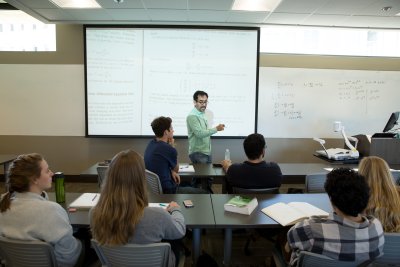 PLNU students in mathematics lecture with Professor Jesus Jimenez.