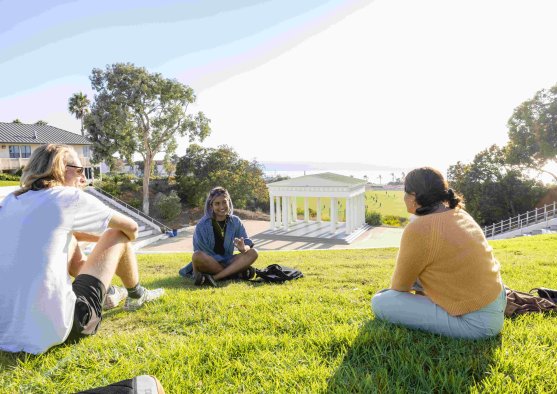 students sitting on the grassy patch by the greek 