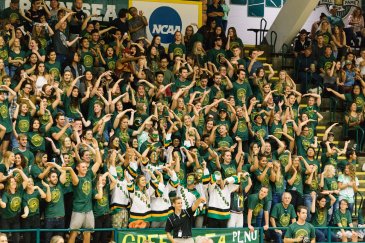 Students in the stands cheering on basketball game
