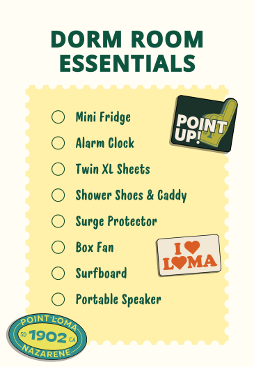 A packing list for the dorm essentials for college at PLNU