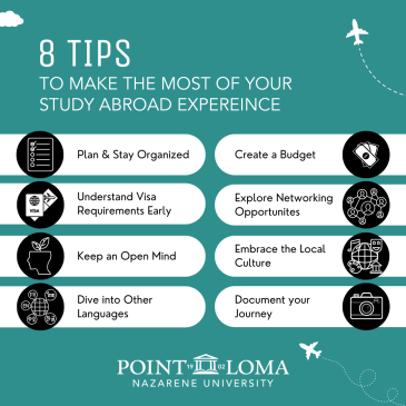 8 Tips to make the most of studying abroad list: plan and stay organized, create a budget, understand visa requirements, explore networking opportunities, keep an open mind, embrace local culture, dive into other languages, document your journey