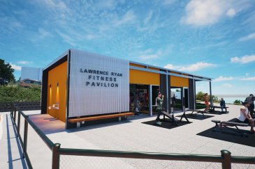 Image of the new Lawrence Ryan Fitness Pavilion on the PLNU campus featuring indoor/outdoor gym space with equipment included.